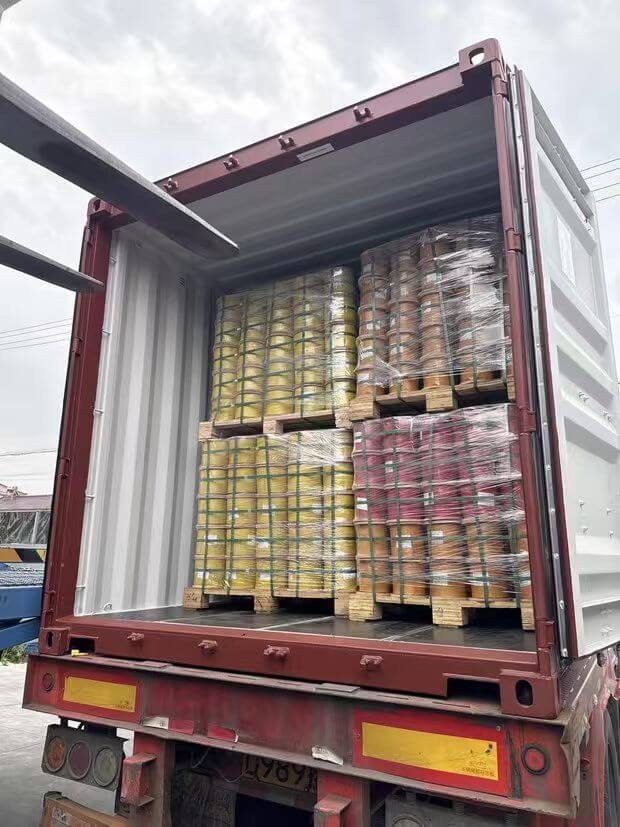 Packaged wire rope products loaded into an export container